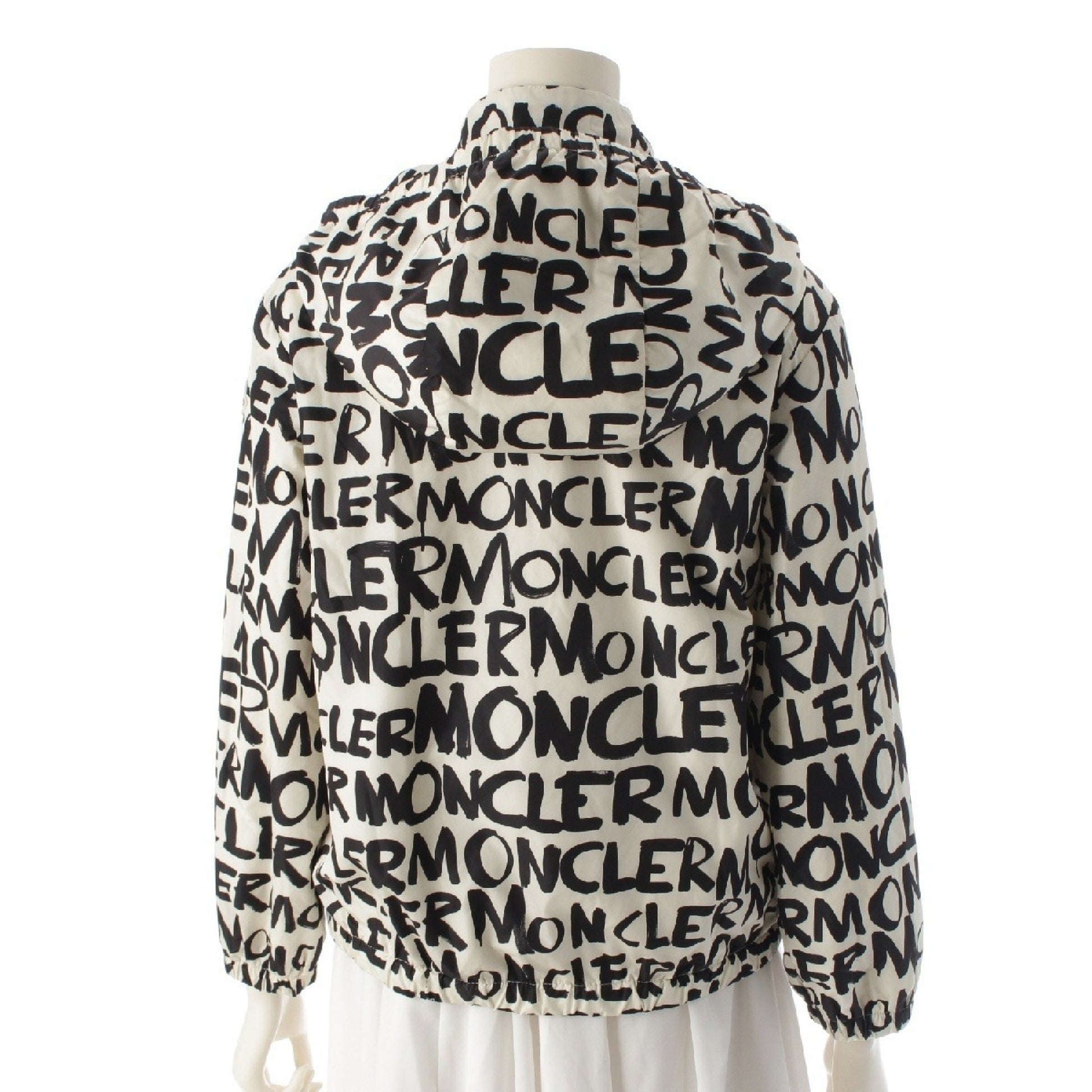 MONCLER HANOI Nylon Logo All-Over Print Hooded Nylon Jacket in Off-White and Black, Kids Size 12