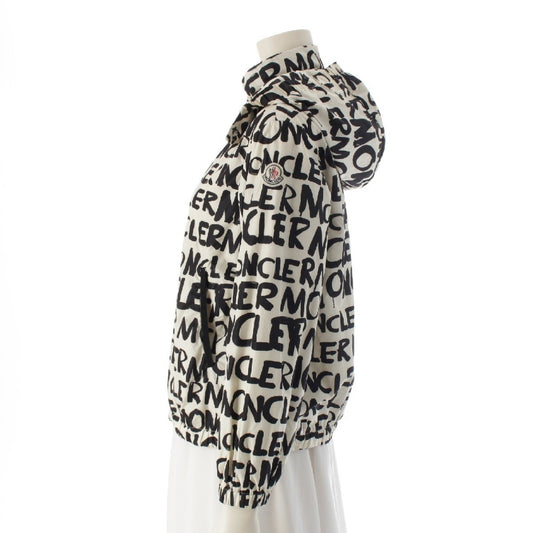 MONCLER HANOI Nylon Logo All-Over Print Hooded Nylon Jacket in Off-White and Black, Kids Size 12