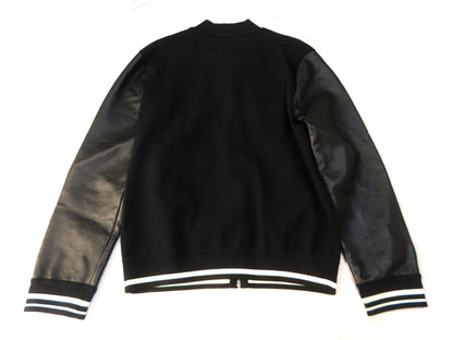 VALENTINO Stadium Jacket with Front Logo, Leather Arms, Logo Print, Zip-Up Blouson, Black
