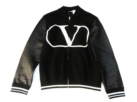 VALENTINO Stadium Jacket with Front Logo, Leather Arms, Logo Print, Zip-Up Blouson, Black