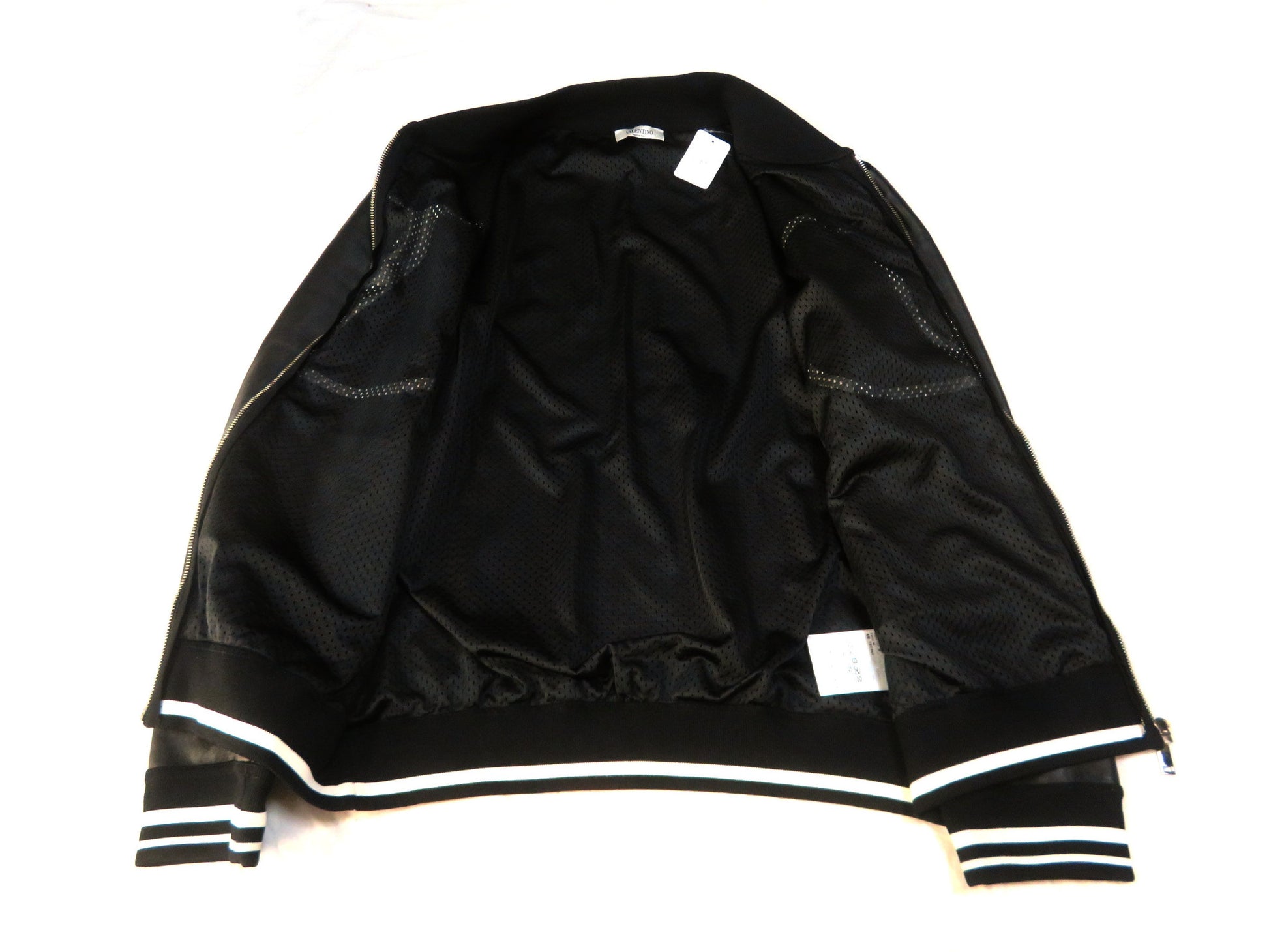 VALENTINO Stadium Jacket with Front Logo, Leather Arms, Logo Print, Zip-Up Blouson, Black
