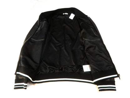 VALENTINO Stadium Jacket with Front Logo, Leather Arms, Logo Print, Zip-Up Blouson, Black