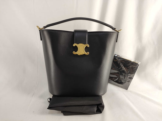 CELINE Medium Bucket Louise Handbag in Smooth Calfskin, Black, Current Model