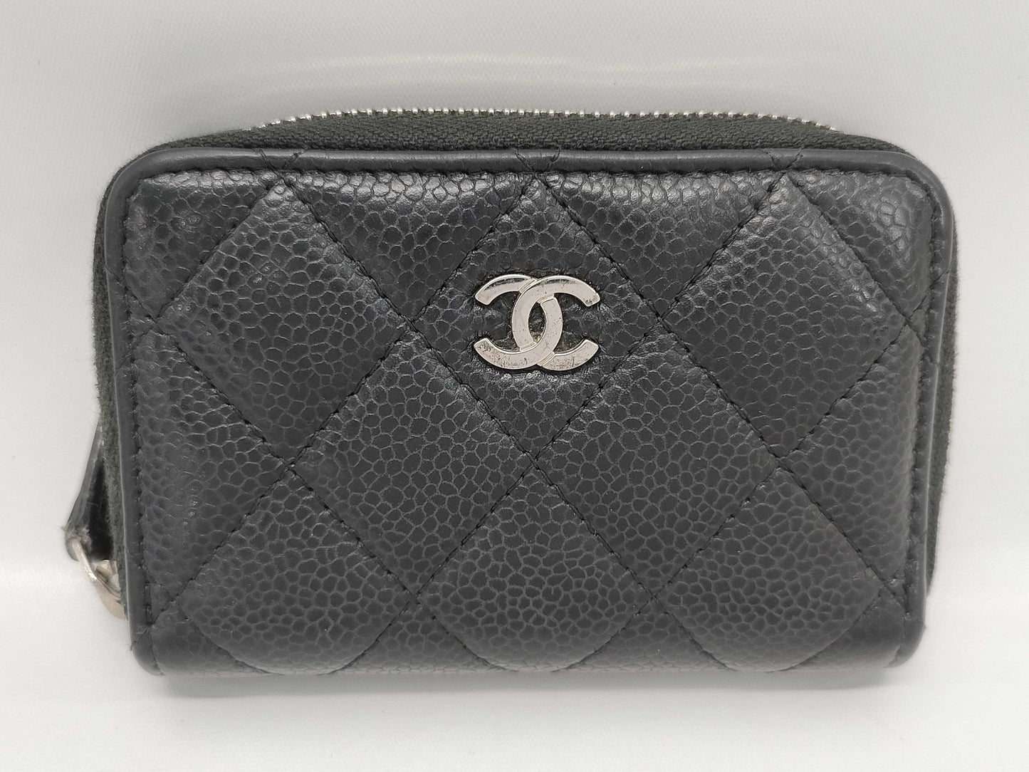 CHANEL Caviar Card Case, Black, 31395257, Round Zipper Coin Case