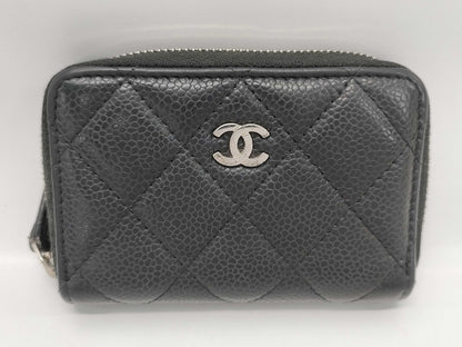 CHANEL Caviar Card Case, Black, 31395257, Round Zipper Coin Case