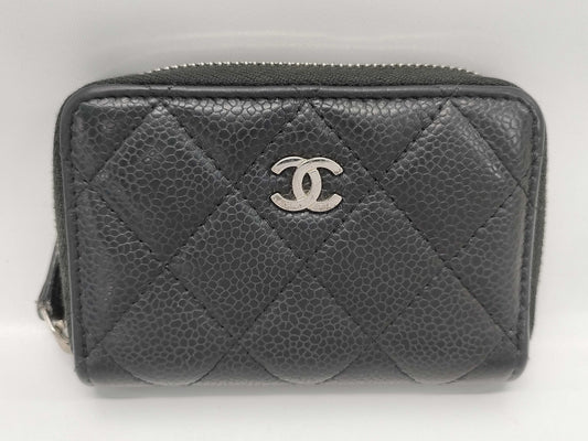 CHANEL Caviar Card Case, Black, 31395257, Round Zipper Coin Case