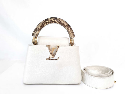 LOUIS VUITTON N85515 Capucines MINI Handbag in White with LV Logo and Python Leather