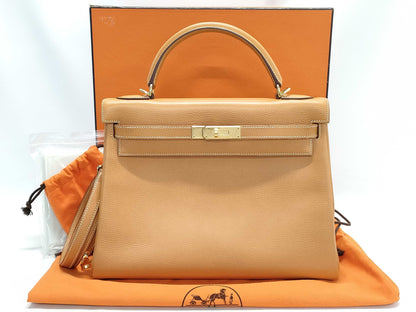 HERMES Kelly 32 Ardennes Natural Shoulder Bag with G Stamp and GP Hardware