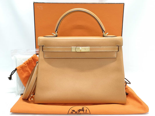 HERMES Kelly 32 Ardennes Natural Shoulder Bag with G Stamp and GP Hardware