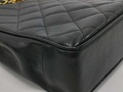 CHANEL CaviSkin Matelasse Large Coco Mark Double Chain Tote Black Shoulder Bag with Seal