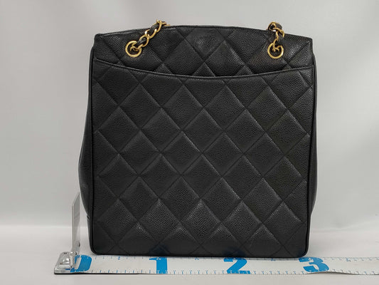 CHANEL CaviSkin Matelasse Large Coco Mark Double Chain Tote Black Shoulder Bag with Seal