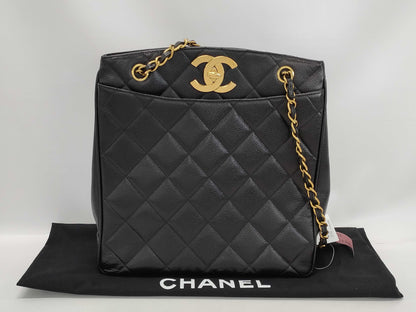 CHANEL CaviSkin Matelasse Large Coco Mark Double Chain Tote Black Shoulder Bag with Seal