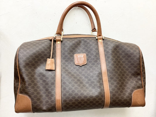CELINE PVC and Leather Macadam Print Boston Bag, Extra Large, 45cm Wide, Includes Padlock, Key, and Cloche