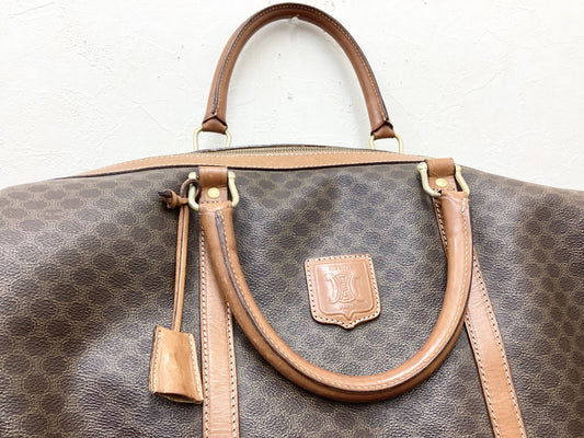 CELINE PVC and Leather Macadam Print Boston Bag, Extra Large, 45cm Wide, Includes Padlock, Key, and Cloche