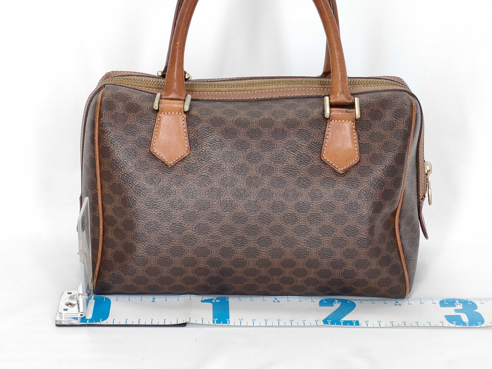 CELINE M13 Mini Boston Bag, Macadam Pattern Leather, Brown