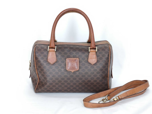 CELINE M13 Mini Boston Bag, Macadam Pattern Leather, Brown