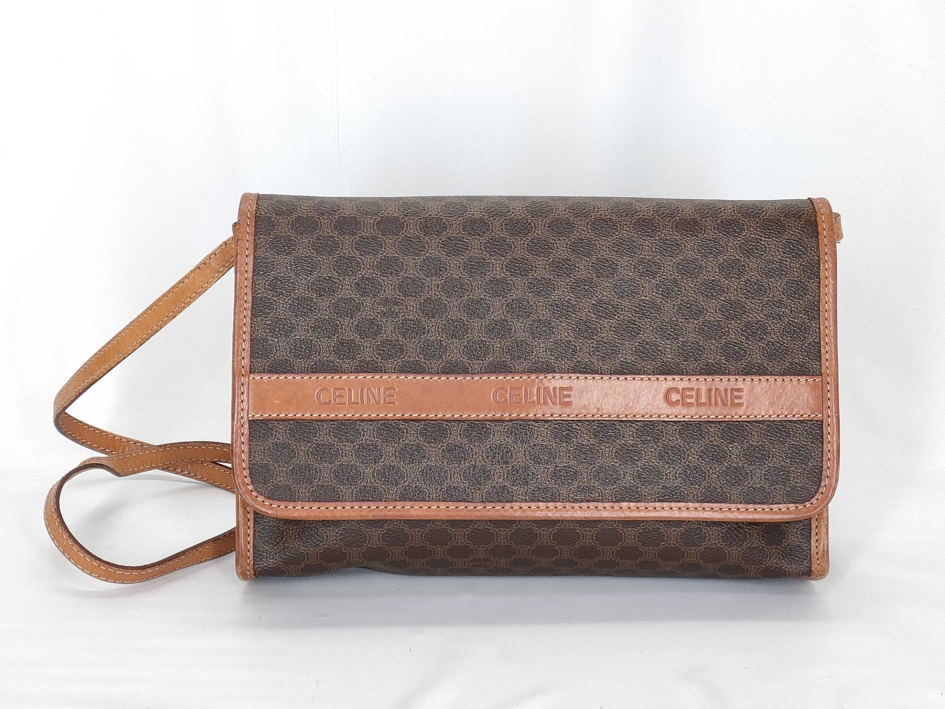 CELINE M90 Shoulder Bag, Macadam Pattern Leather, Brown