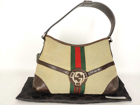 GUCCI 114877 One-Shoulder Bag, Sherry Line, Interlocking Canvas and Leather, Beige and Brown, Shoulder Bag