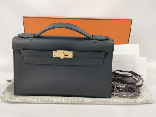 HERMES Pochette Kelly Black Swift W Stamp Gold Hardware Handbag