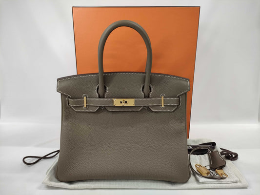 HERMES Birkin 30 Etoupe Handbag with Gold Hardware, Togo Double Stamp, Complete