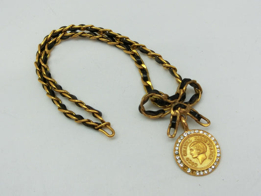 CHANEL Leather Chain Ribbon Coin Necklace