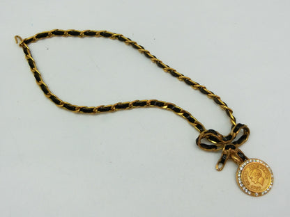 CHANEL Leather Chain Ribbon Coin Necklace