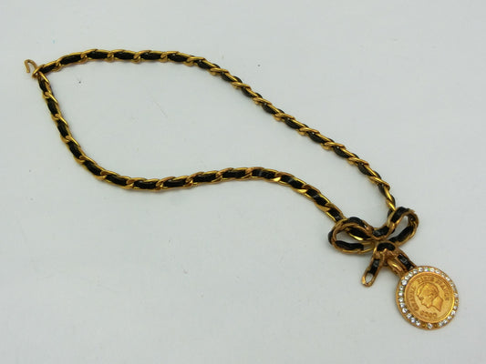 CHANEL Leather Chain Ribbon Coin Necklace