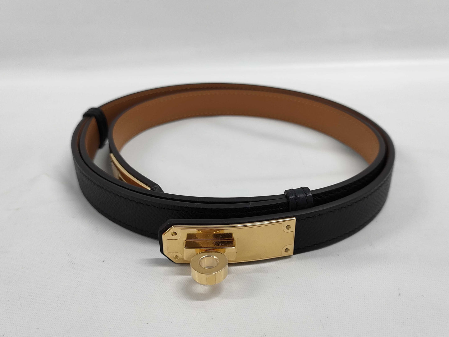 HERMES Kelly Belt, W Stamp, Black, NOIR, Gold Hardware
