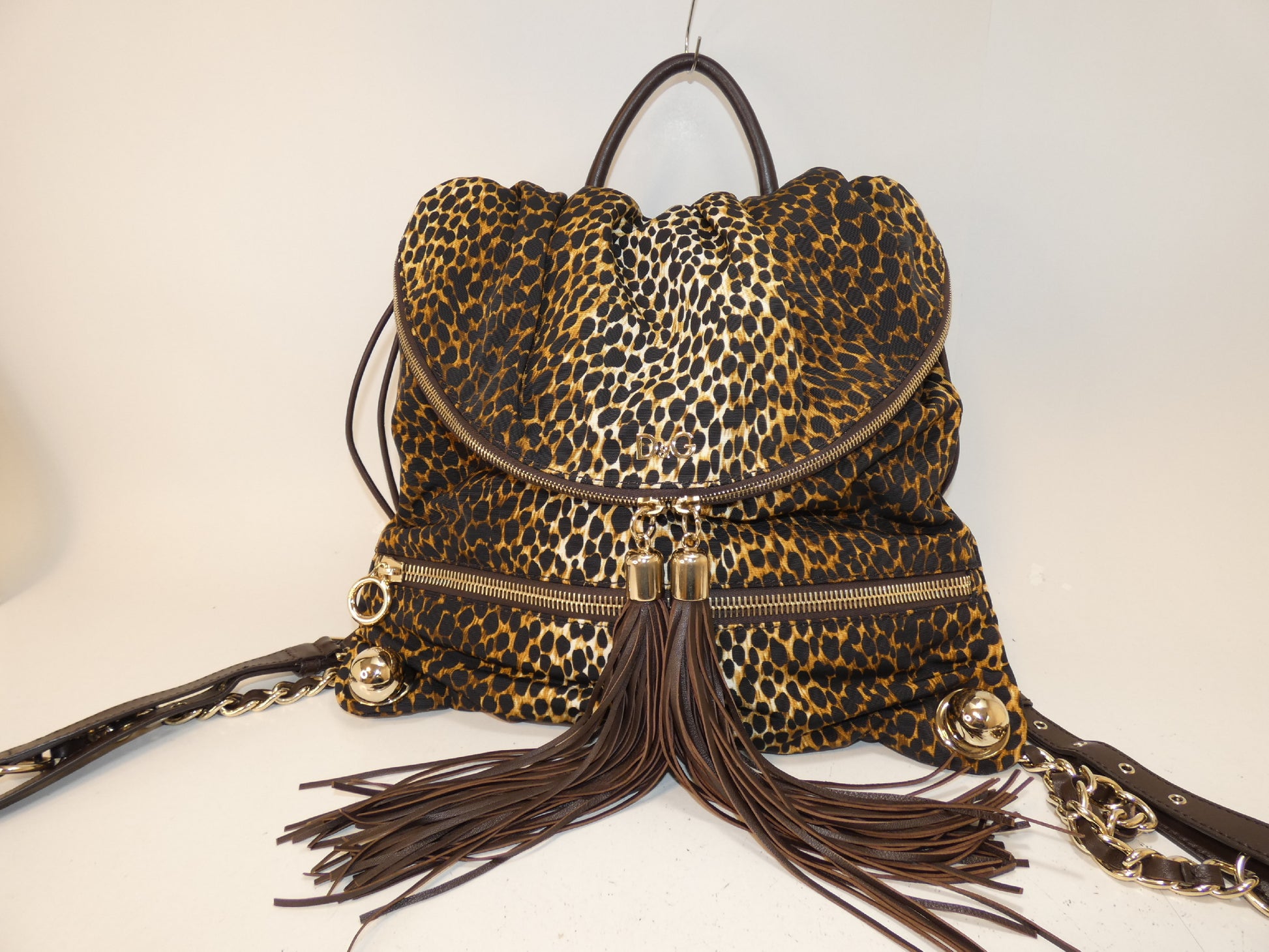 D&G Leopard Print Fringe Chain Backpack