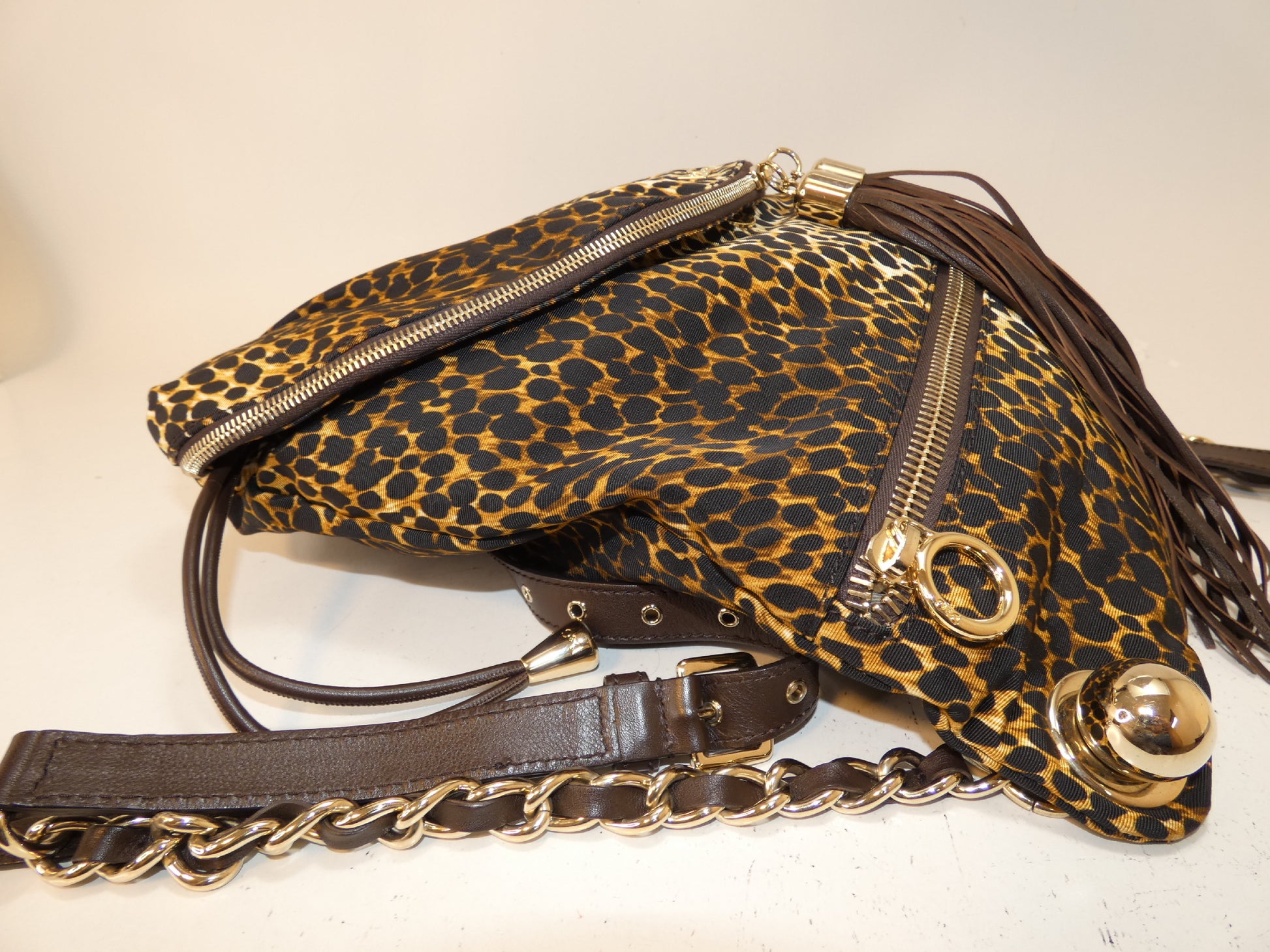 D&G Leopard Print Fringe Chain Backpack