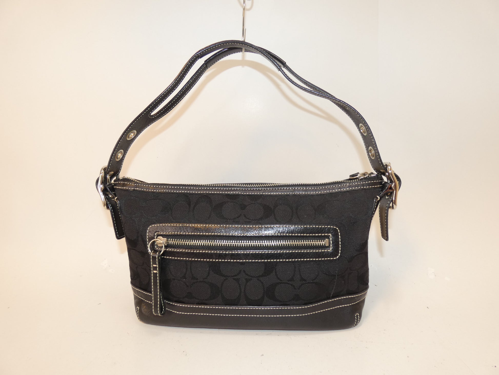 COACH Signature Canvas and Leather Black Tassel Pull One-Hand Handbag