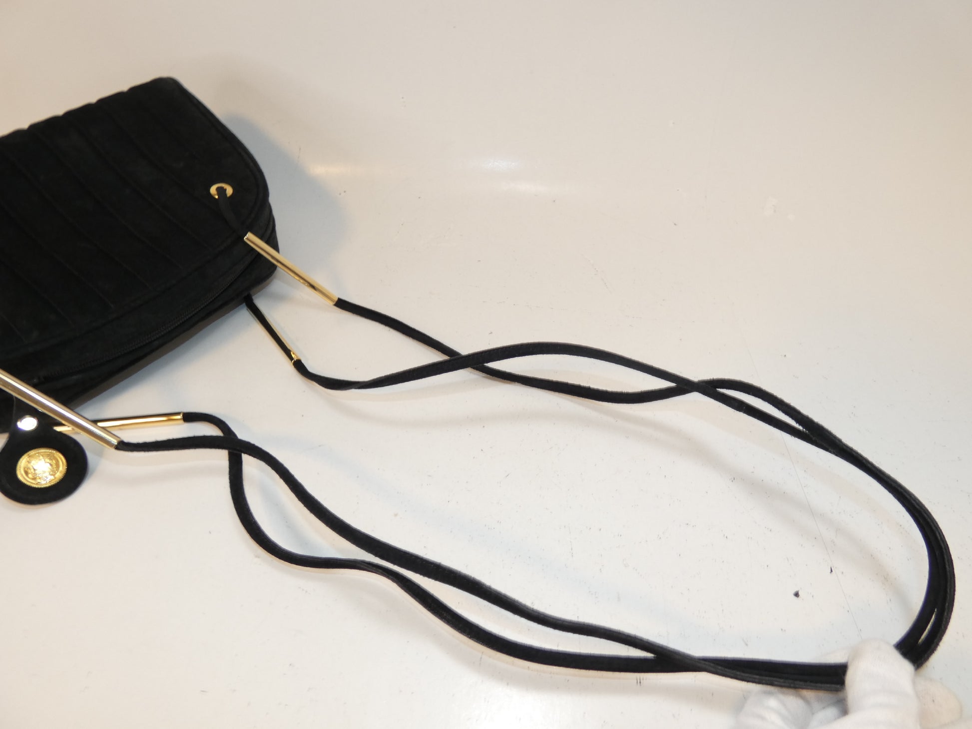 FENDI Suede Black Striped Boston Shoulder Bag