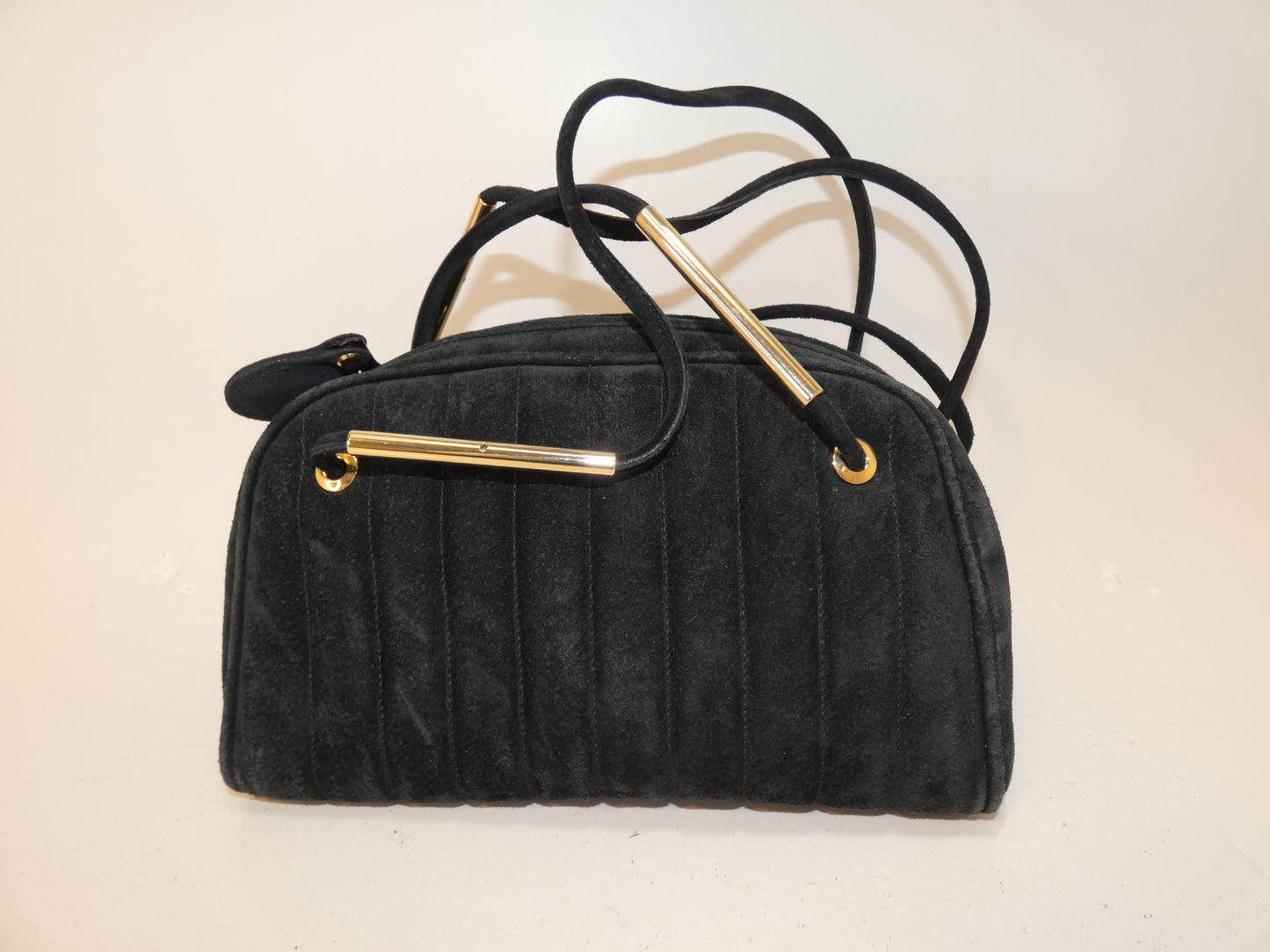 FENDI Suede Black Striped Boston Shoulder Bag