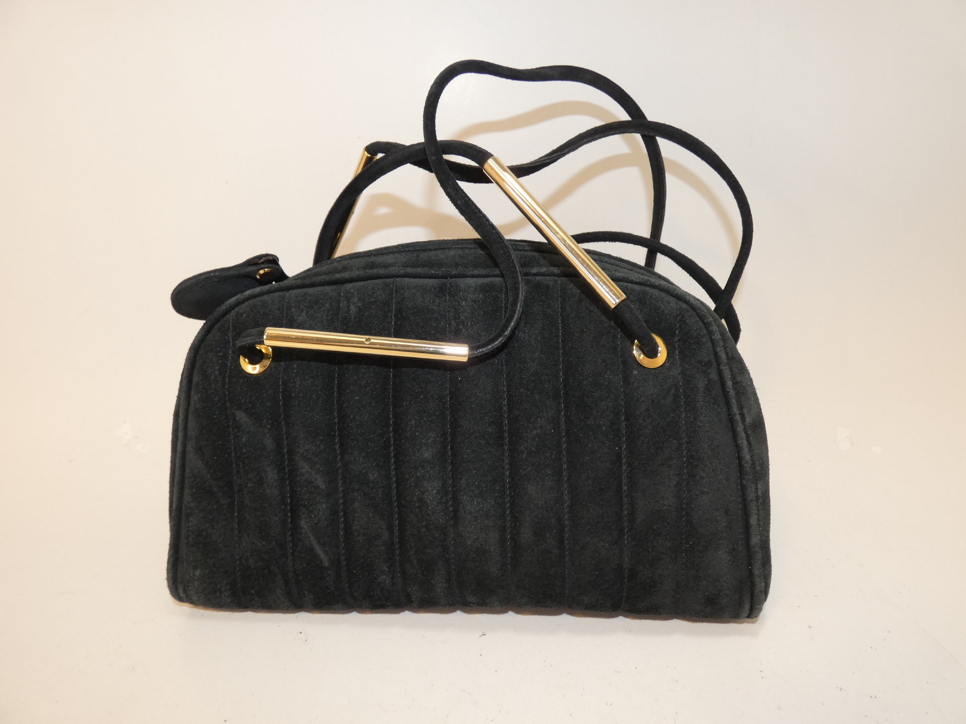 FENDI Suede Black Striped Boston Shoulder Bag