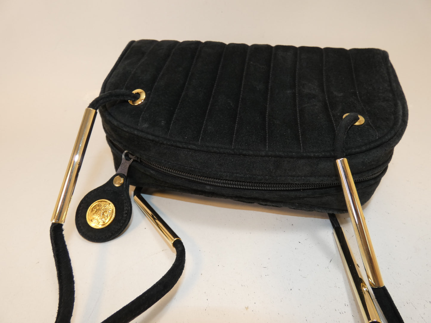 FENDI Suede Black Striped Boston Shoulder Bag