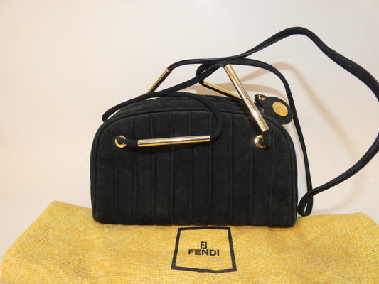 FENDI Suede Black Striped Boston Shoulder Bag