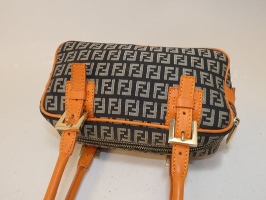 FENDI Zucchino Canvas and Leather Two-Tone Boston Bag