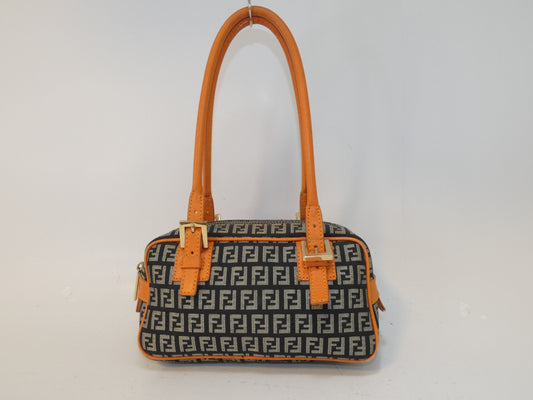 FENDI Zucchino Canvas and Leather Two-Tone Boston Bag
