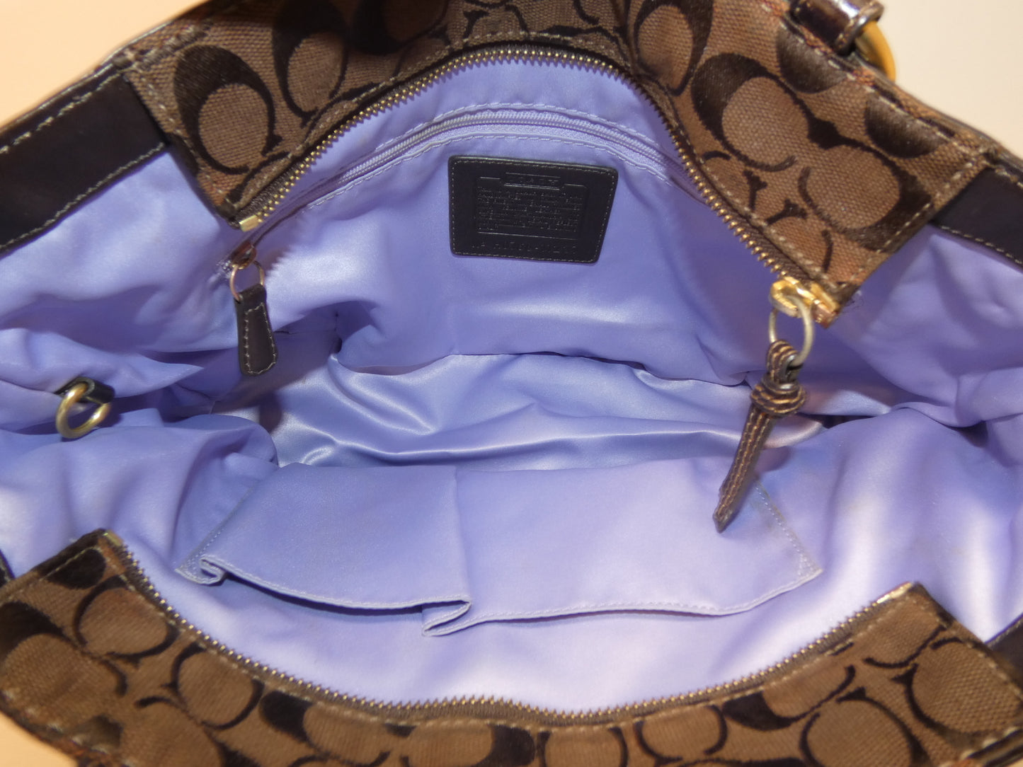 COACH Signature Brown Canvas Turnlock Leather Handbag