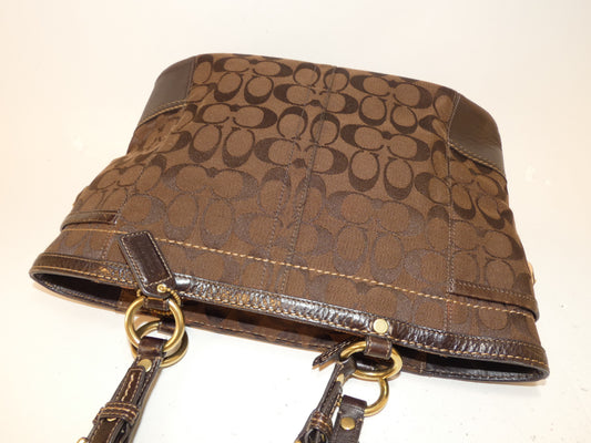 COACH Signature Brown Canvas Turnlock Leather Handbag