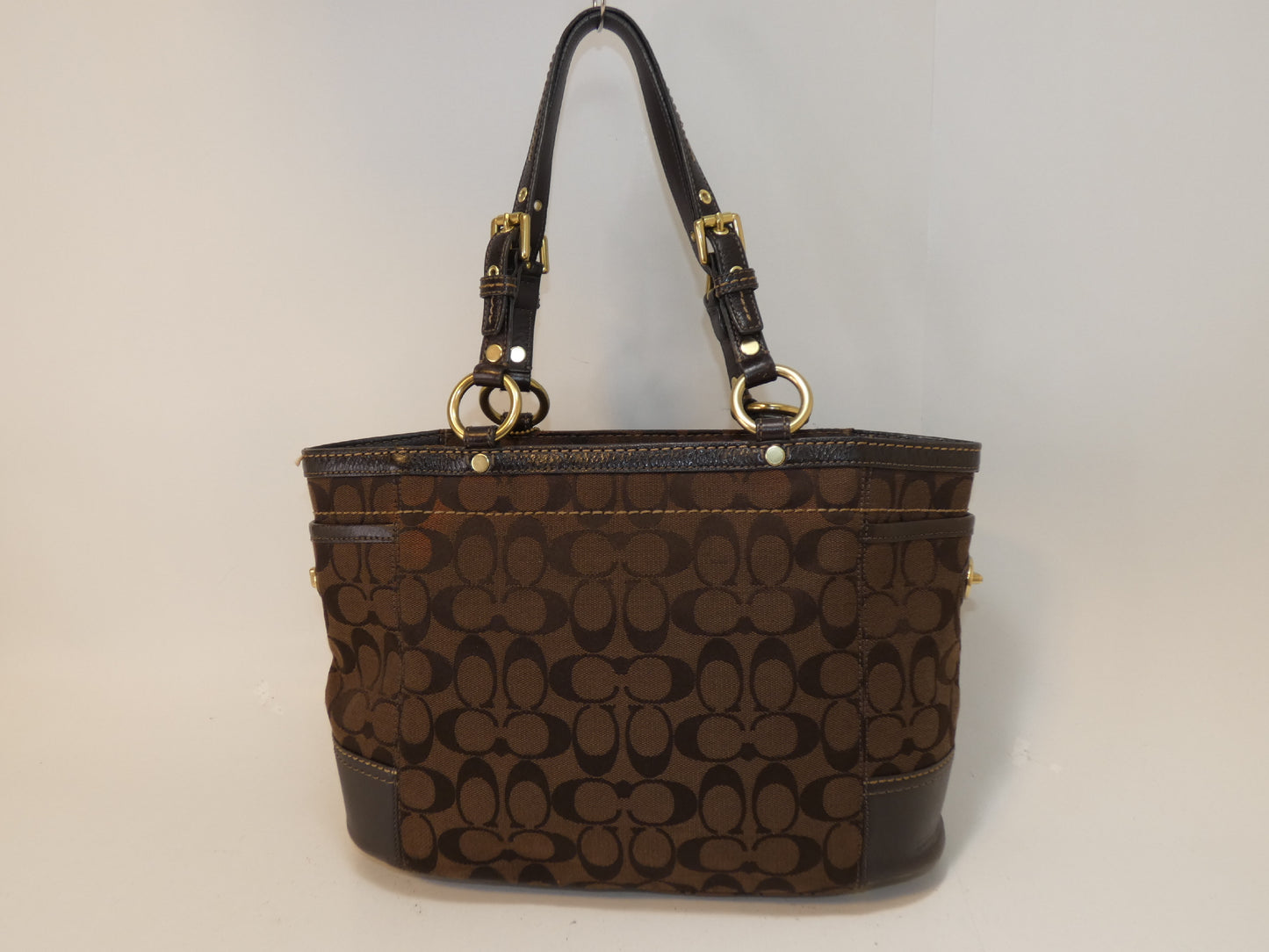 COACH Signature Brown Canvas Turnlock Leather Handbag