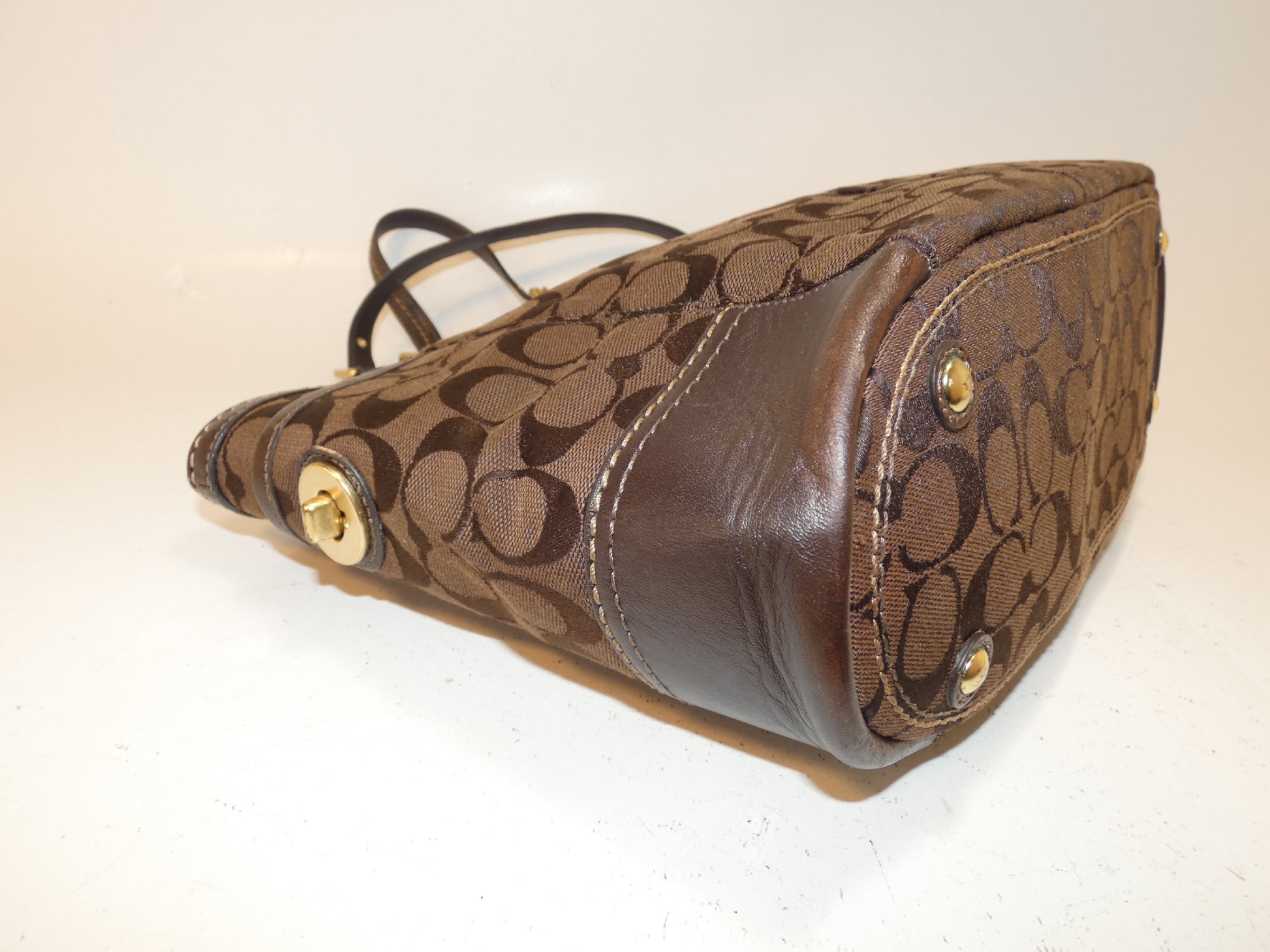 COACH Signature Brown Canvas Turnlock Leather Handbag