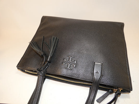 Tory Burch Front Logo Black Leather Tassel Tote Hand Tote Bag