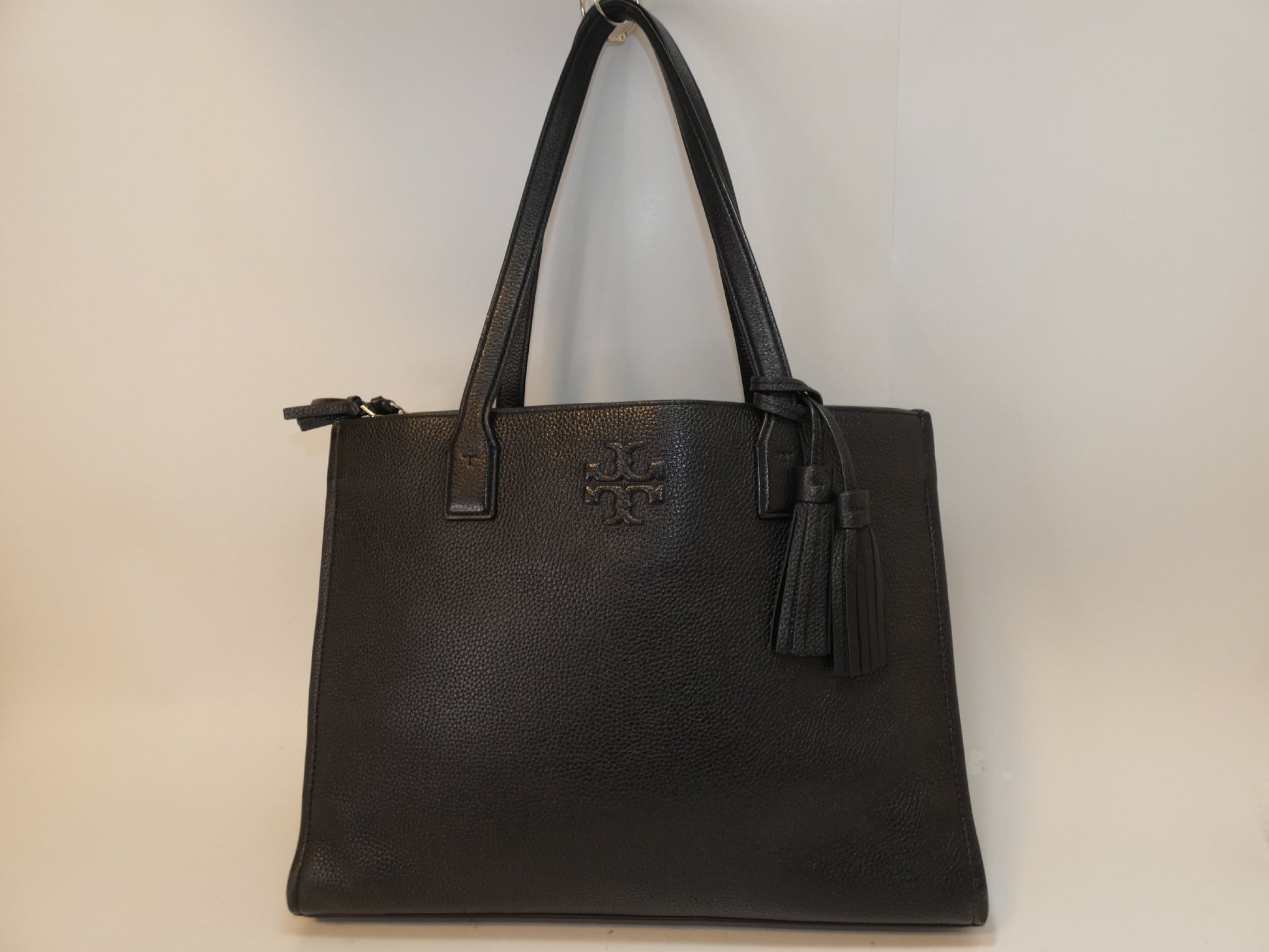 Tory Burch Front Logo Black Leather Tassel Tote Hand Tote Bag