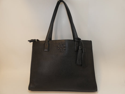 Tory Burch Front Logo Black Leather Tassel Tote Hand Tote Bag