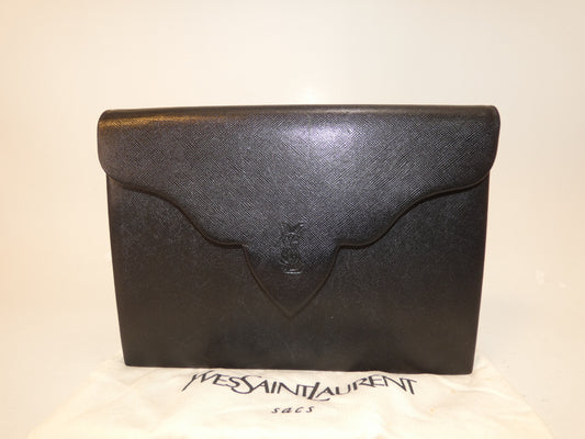 Yves Saint Laurent Front Logo Leather Black Clutch Bag