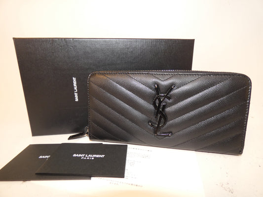Yves Saint Laurent Front Logo V-Stitch Leather Black Round Zip Long Wallet