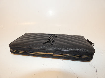Yves Saint Laurent Front Logo V-Stitch Leather Black Round Zip Long Wallet
