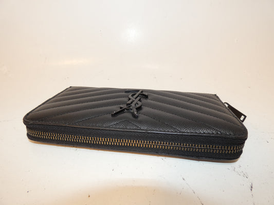Yves Saint Laurent Front Logo V-Stitch Leather Black Round Zip Long Wallet