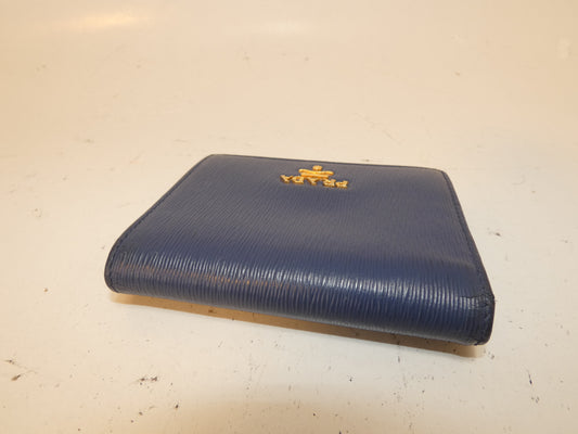 PRADA Front Logo Leather Blue Folding Wallet